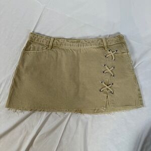 Zara Tan Denim Lace Up Boho Mini Skirt Khaki Raw Hem Side Zip Womens Size Large
